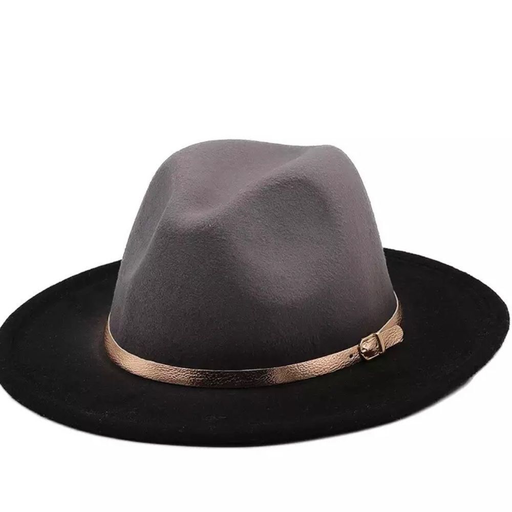 Black Gray Teardrop Crown Wide Brim Metallic Buckle Burned Fedora Hat NEW